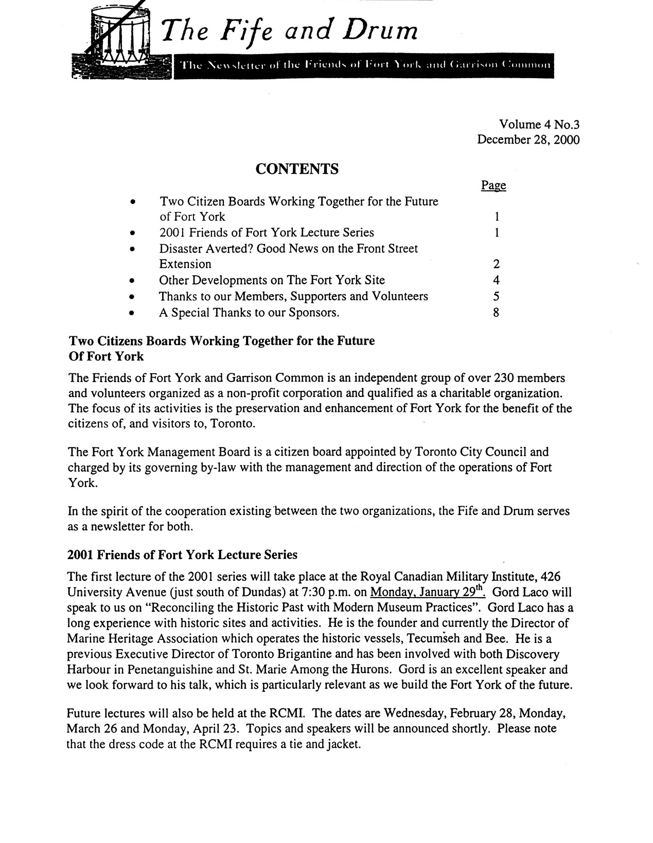 Image from Two Citizens Boards Working Together for the Future Of Fort York, p. 1 of December 2000 (Vol 5, No 0).