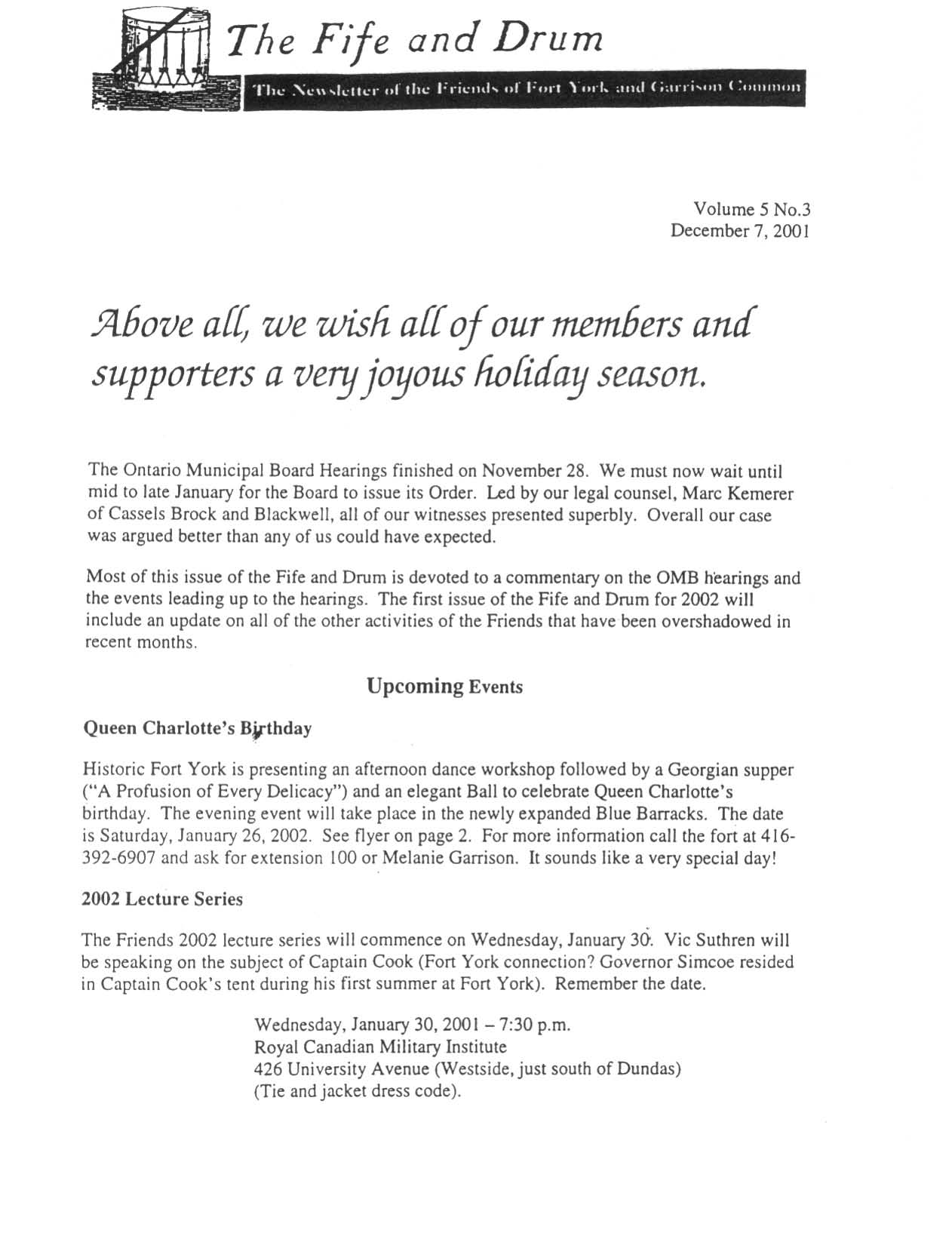 Image from Above all, we wish all of our members and supporters a very joyous holiday season., p. 1 of December 2001 (Vol 6, No 0).