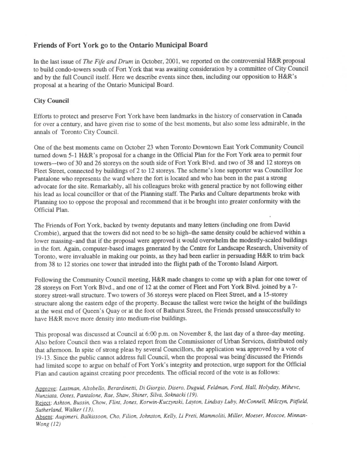 Image from Friends of Fort York go to the Ontario Municipal Board, p. 2 of December 2001 (Vol 6, No 0).