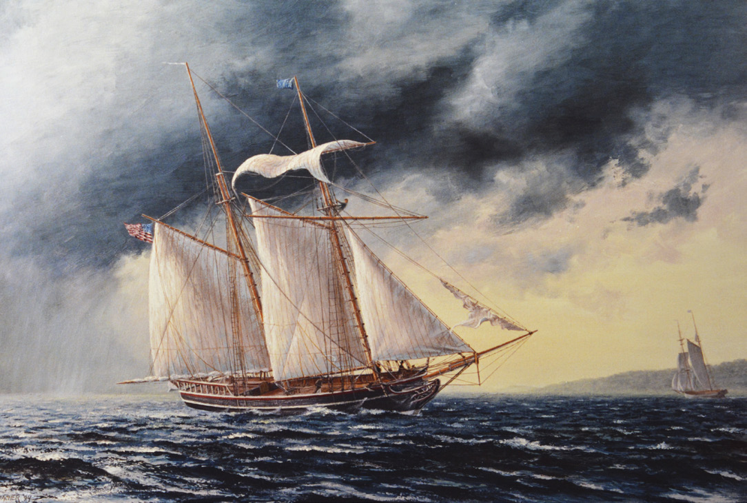 A small merchant schooner of the 1830s on the Great Lakes clears heavy weather