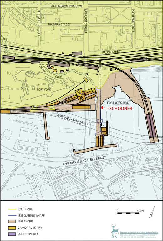 Map of the western entrance to the harbour showing where the schooner was found