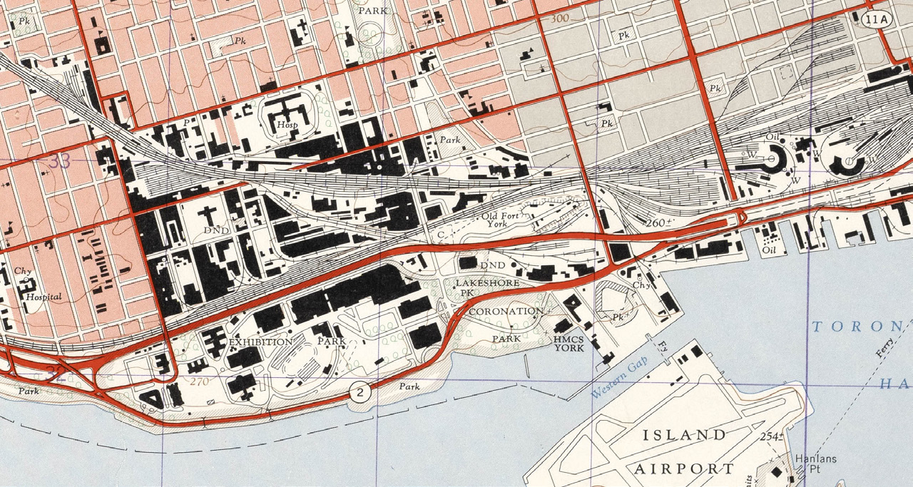 Topographical map showing wartime factories around Fort York