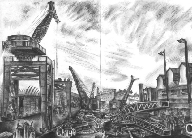 War artist sketch of gantry cranes at Toronto shipyard