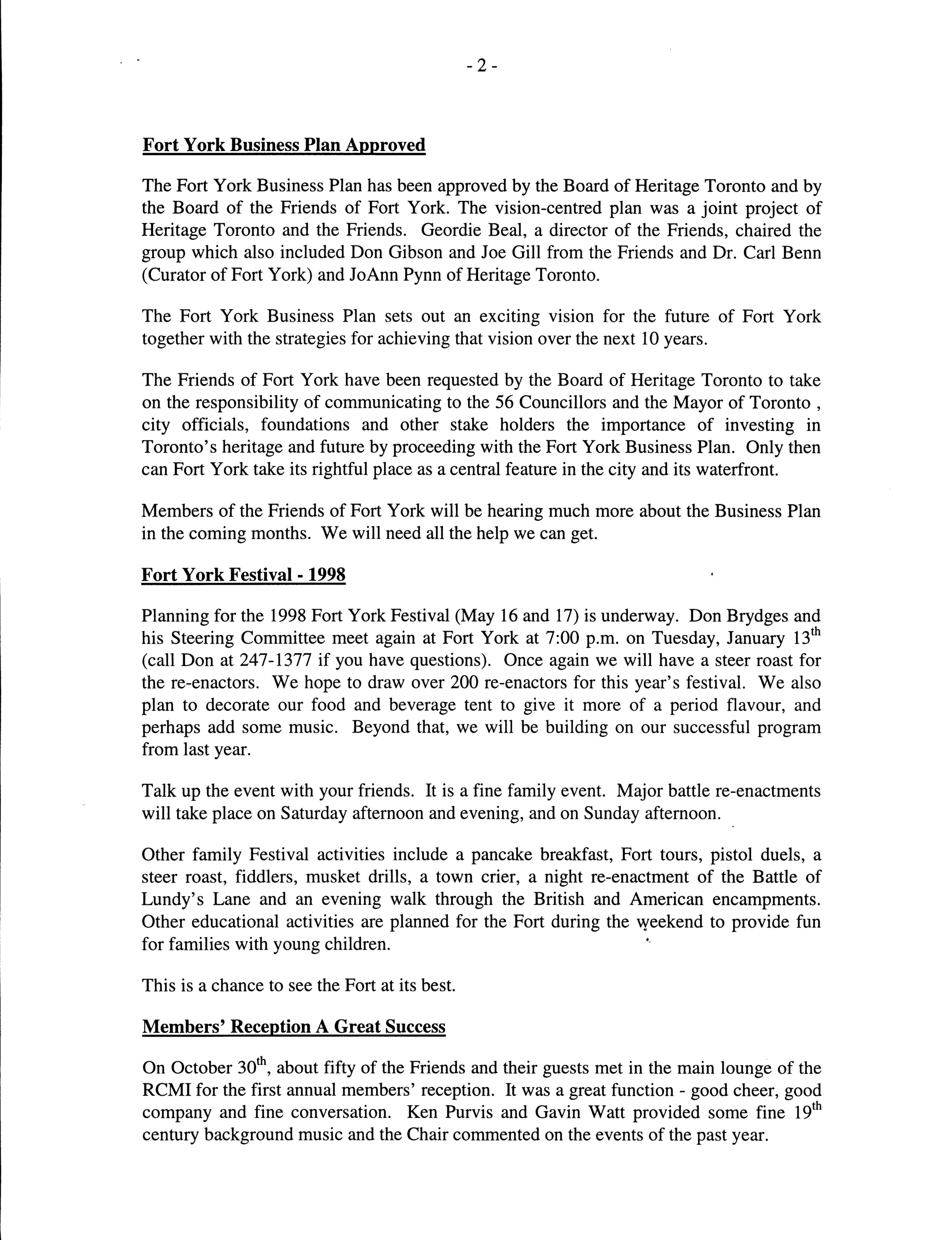 Image from Fort York Business Plan Approved, p. 2 of January 1998 (Vol 3, No 0).