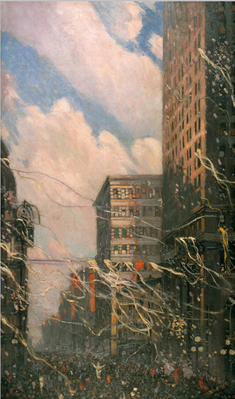 Armistice Day painting showing crowd celebration in Toronto