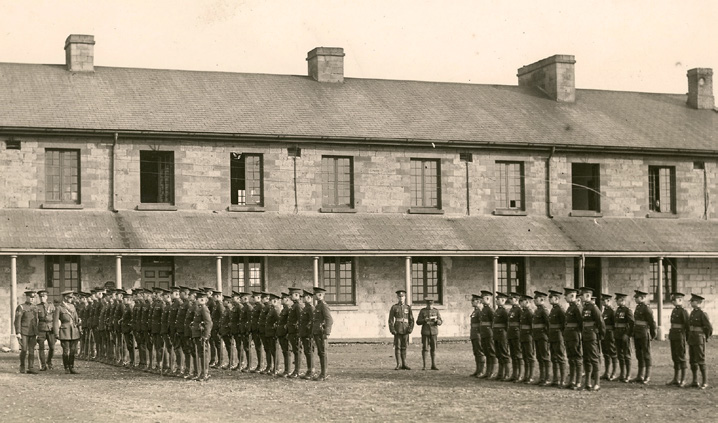 Royal Canadian Dragoons on parade outside Stanley Barracks