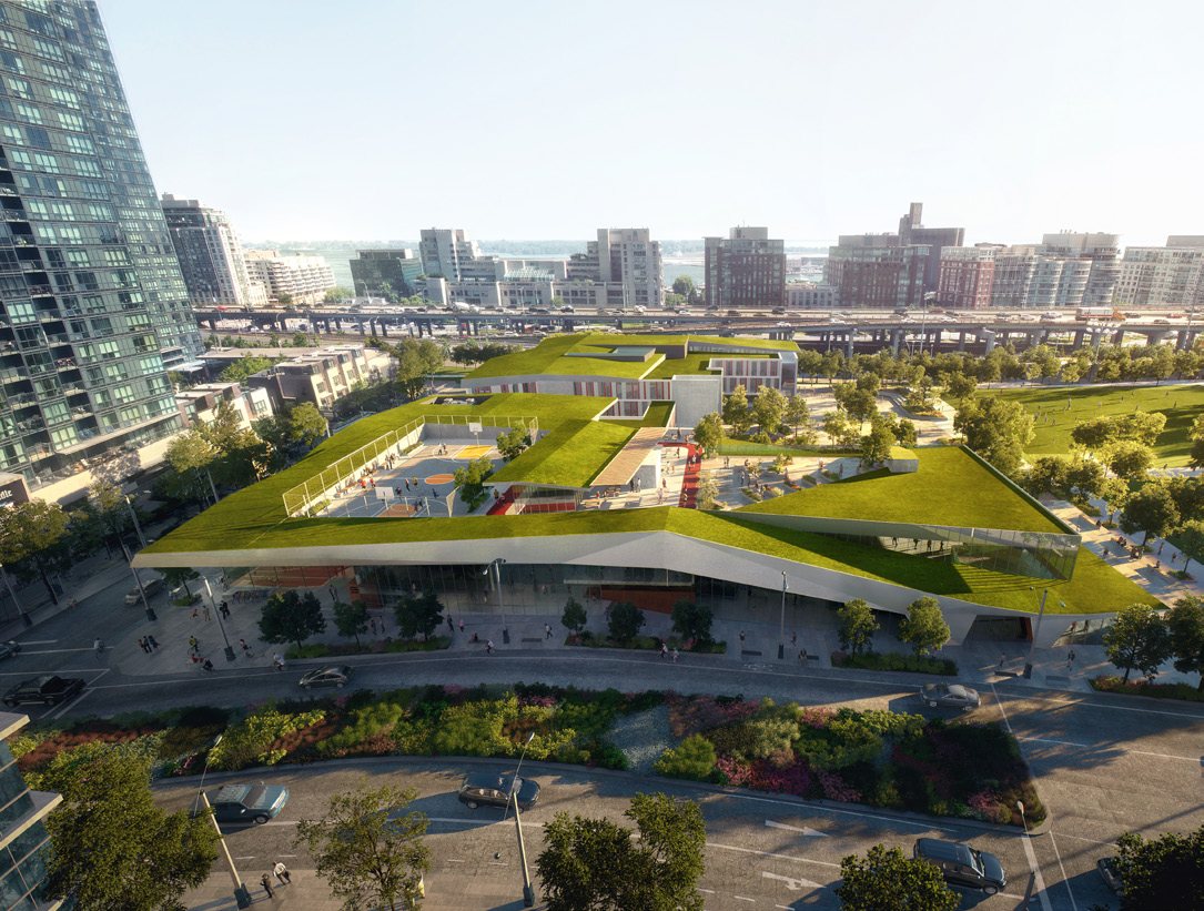 Aerial rendering of new school building with green roofs