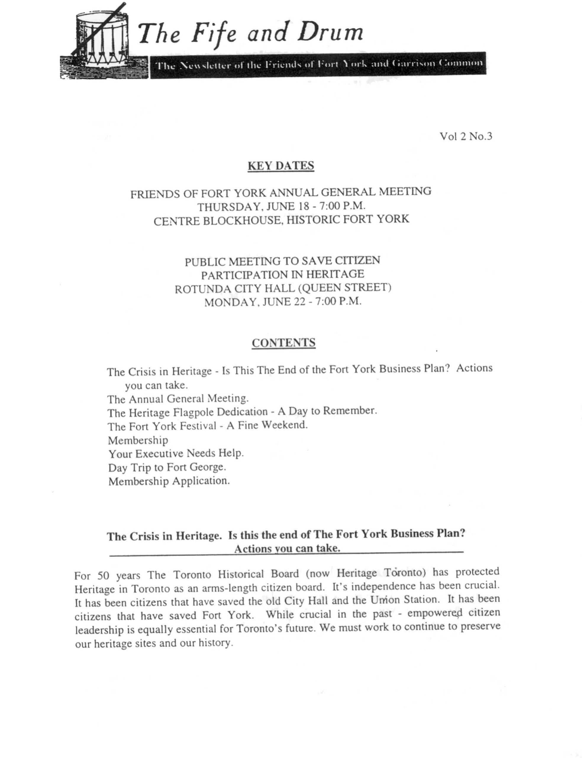 Image from The Crisis in Heritage. Is this the end of The Fort York Business Plan? Actions you can take., p. 1 of May 1998 (Vol 3, No 0).