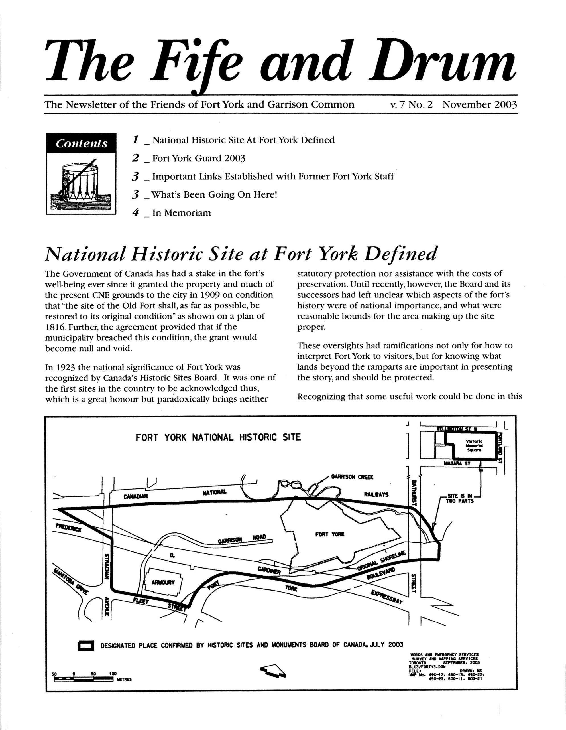 Image from National Historic Site at Fort York Defined, p. 1 of November 2003 (Vol 8, No 0).